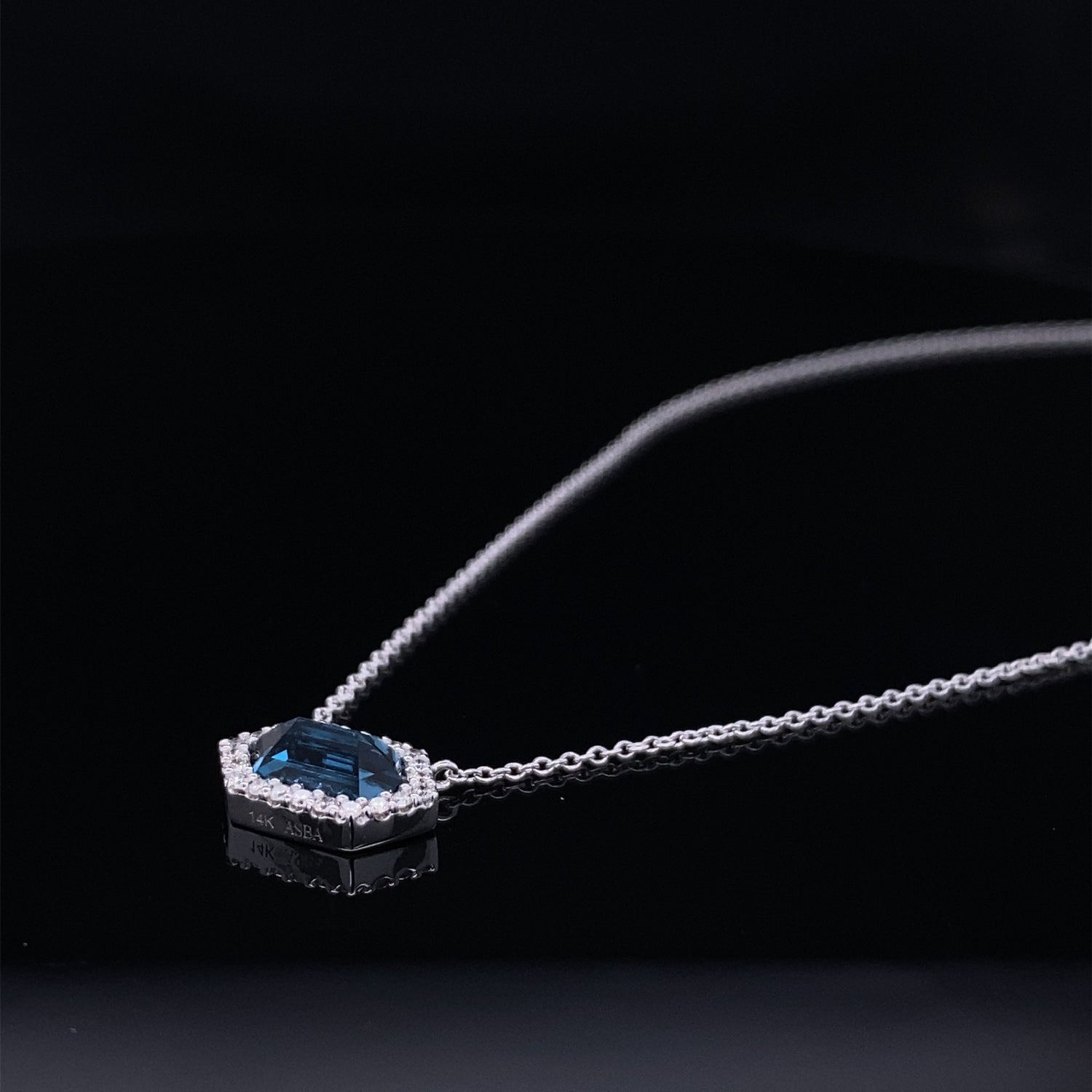 Hexagon London Blue Topaz Diamond Halo Necklace