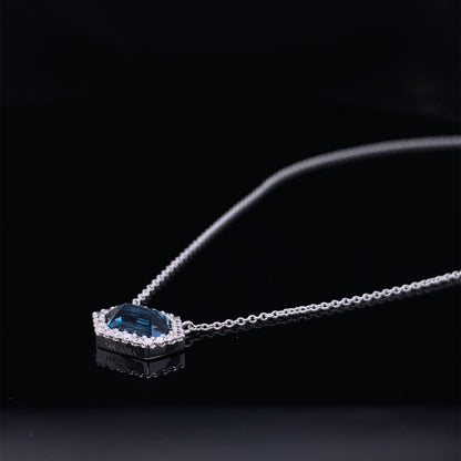 Hexagon London Blue Topaz Diamond Halo Necklace