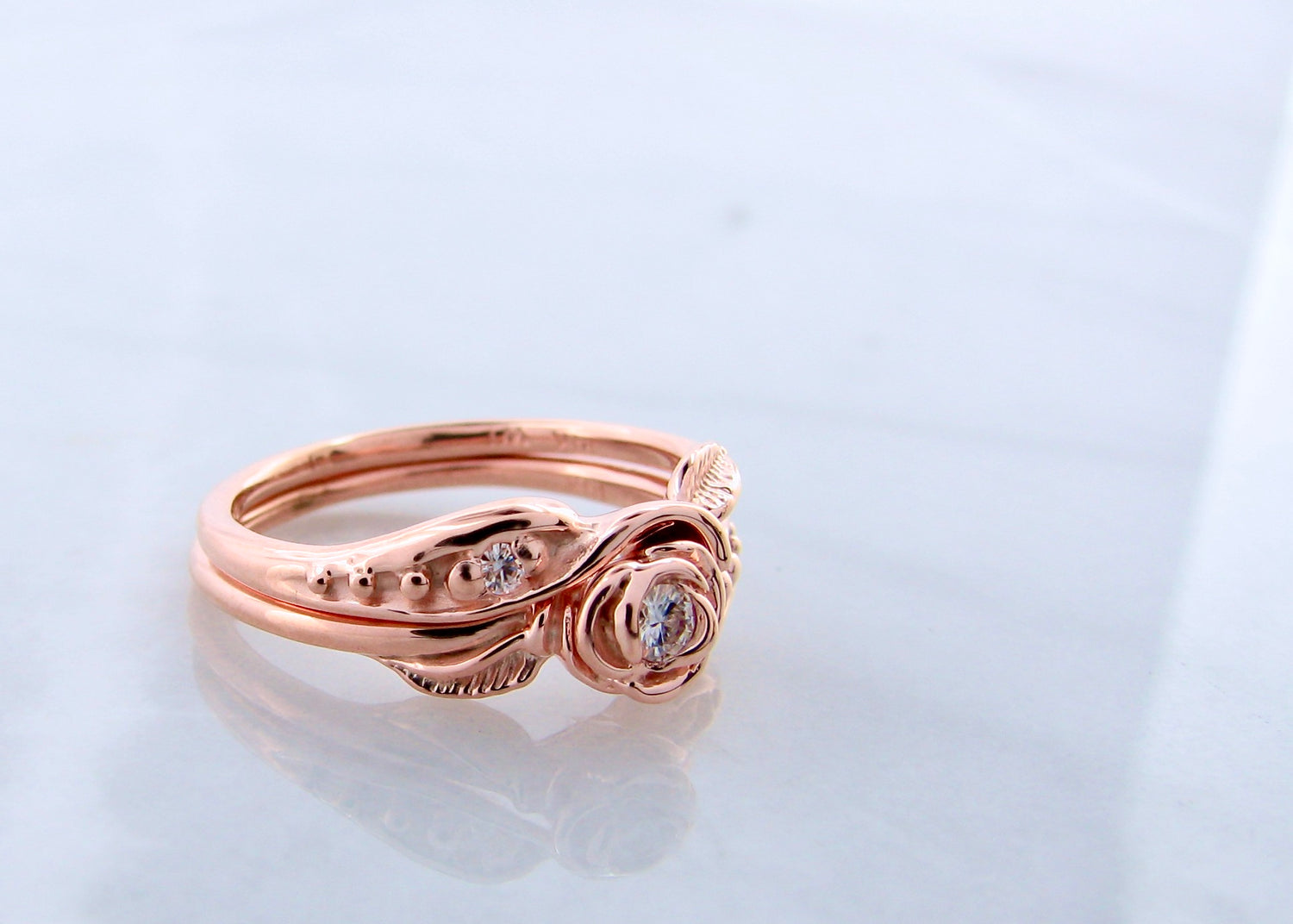 Moissanite Rose Gold Wedding Set, Tea Rose