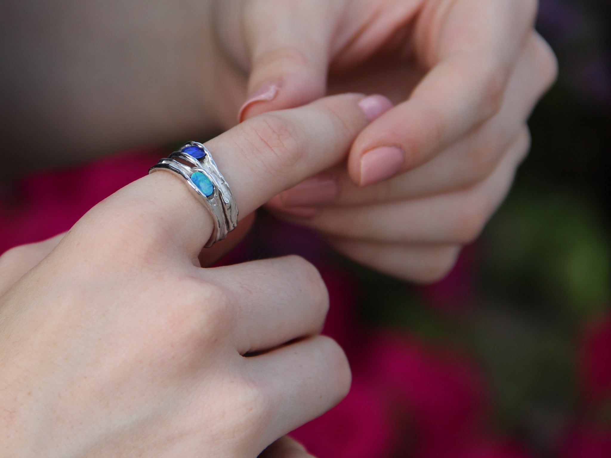 Opal Silver Ring, Deep Blue Water Droplet Melted Horizontal