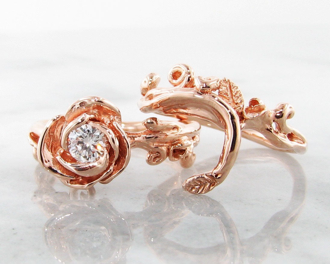 Rose Gold Diamond Wedding Ring Set, Rose Garland