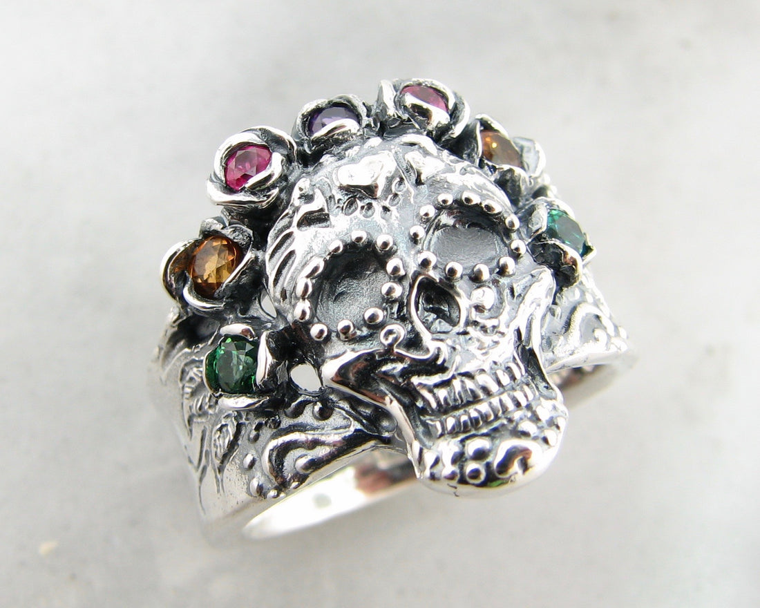 Silver Multi Gemstone Ring, Sugar Skull Calavera Crown