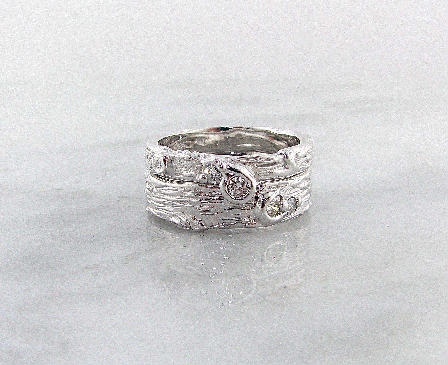 Silver Diamond Ring, Birch Engagement Set