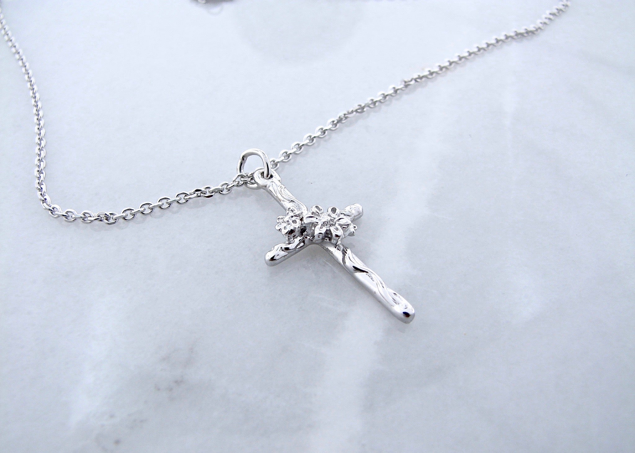 White Gold Cross Necklace, Daisy Vine