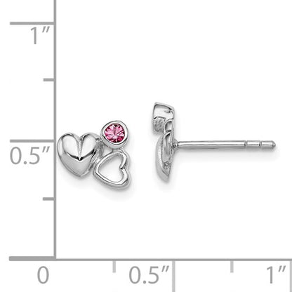 Silver Double Heart Earrings With Pink Stones