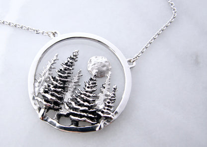 Silver Split Chain Necklace, Pine Moon Landscape Antique Finish