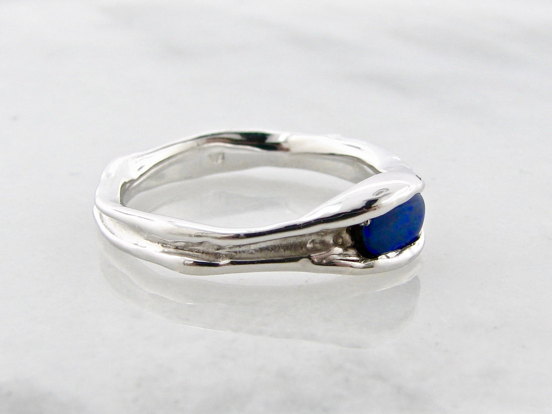 Opal Silver Ring, Deep Blue Water Droplet Melted Horizontal