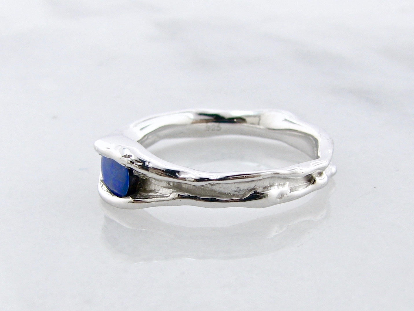 Opal Silver Ring, Deep Blue Water Droplet Melted Horizontal