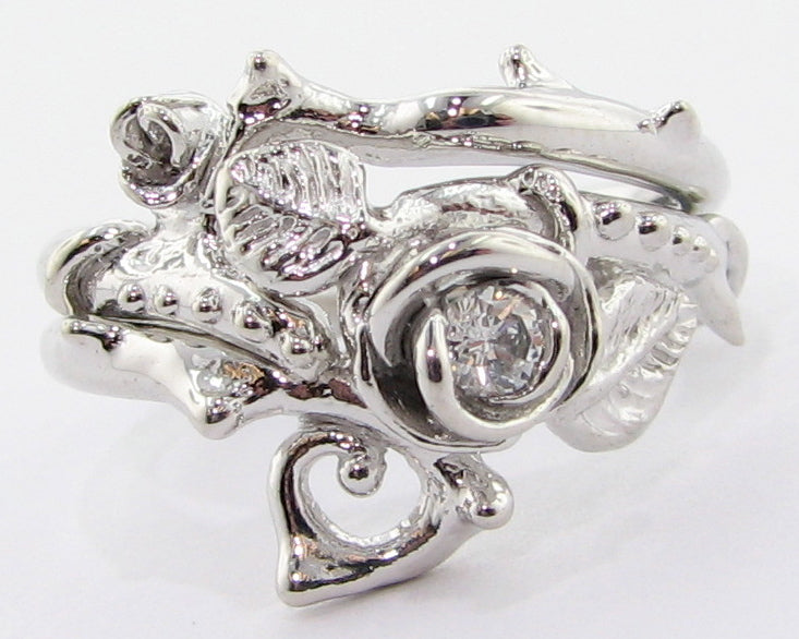 Silver Diamond Wedding Ring Set, Thorned Rose