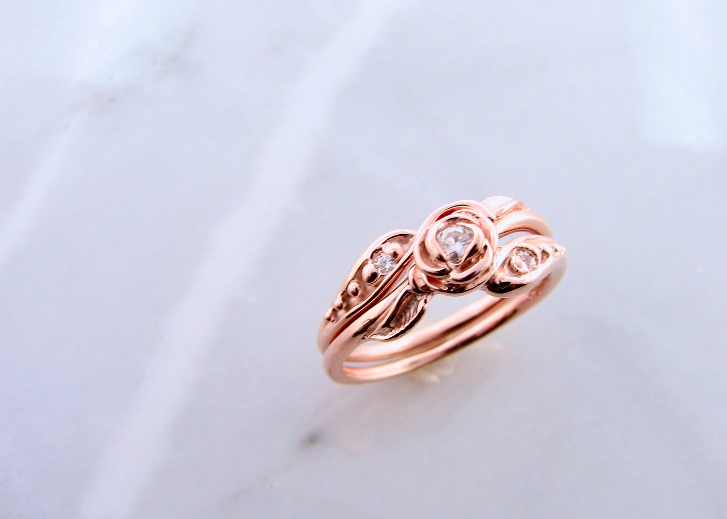 Moissanite Rose Gold Wedding Set, Tea Rose