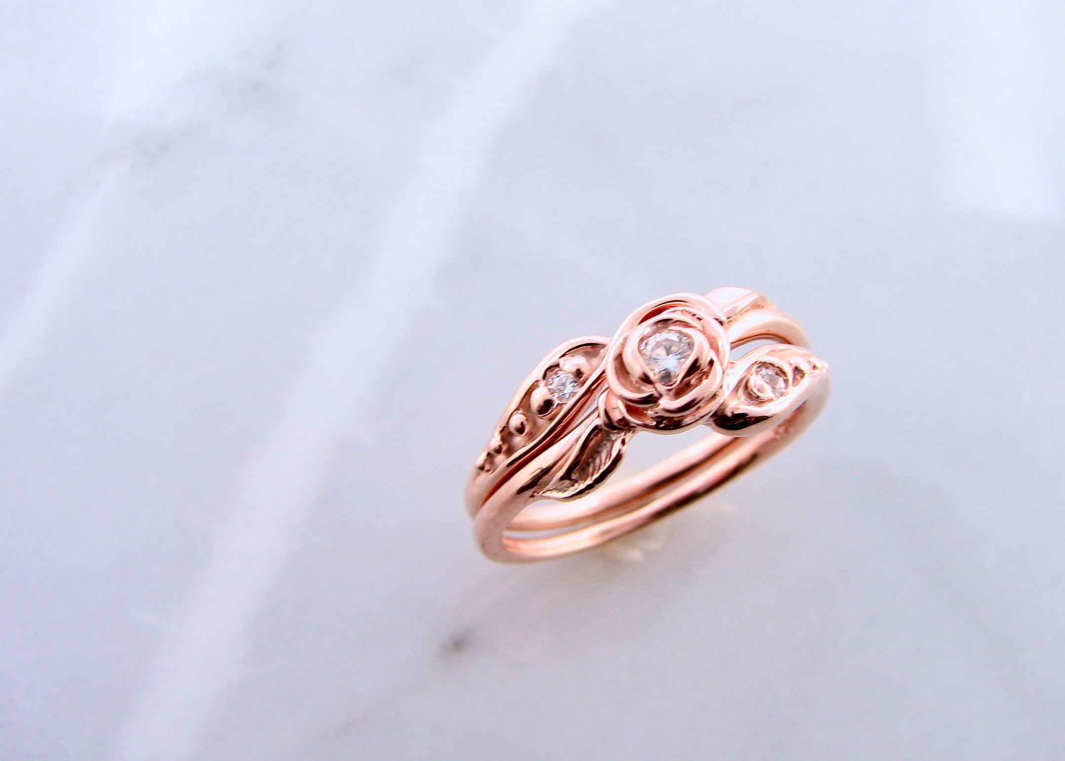Moissanite Rose Gold Wedding Set, Tea Rose
