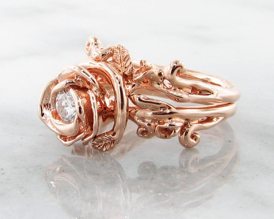 Rose Gold Diamond Wedding Ring Set, Rose Garland