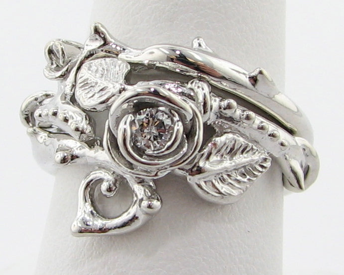 Silver Diamond Wedding Ring Set, Thorned Rose