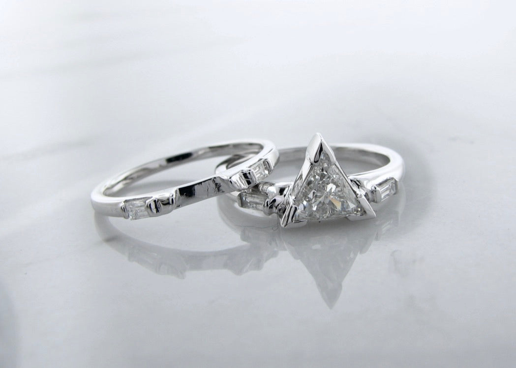 Triangle Moonstone & Smoky Quartz 2pc Wedding Ring Set - Abhika Jewels