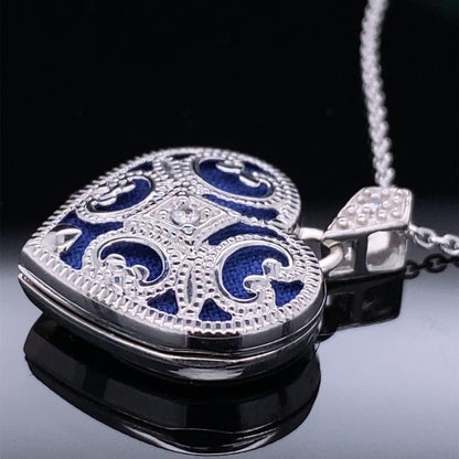 White gold blue enamel locket w/chain