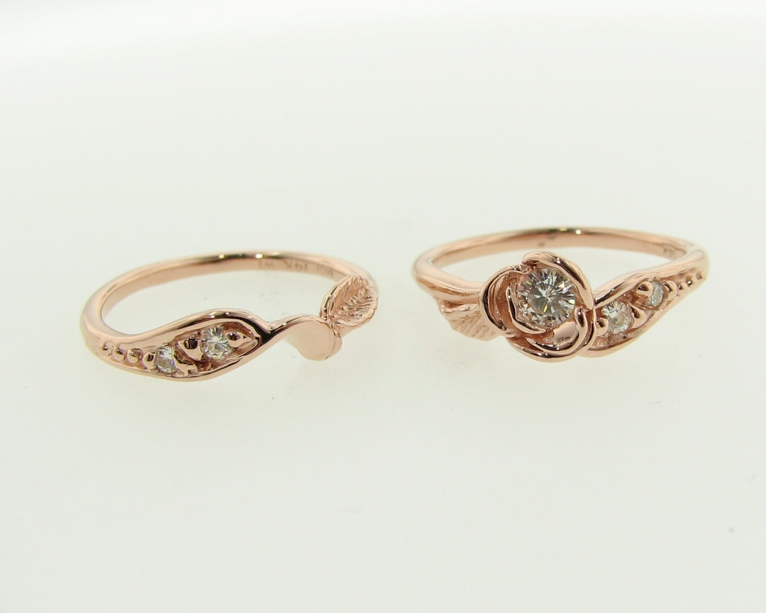 Prize Tea Rose Wedding Set, Rose Gold and Moissanite