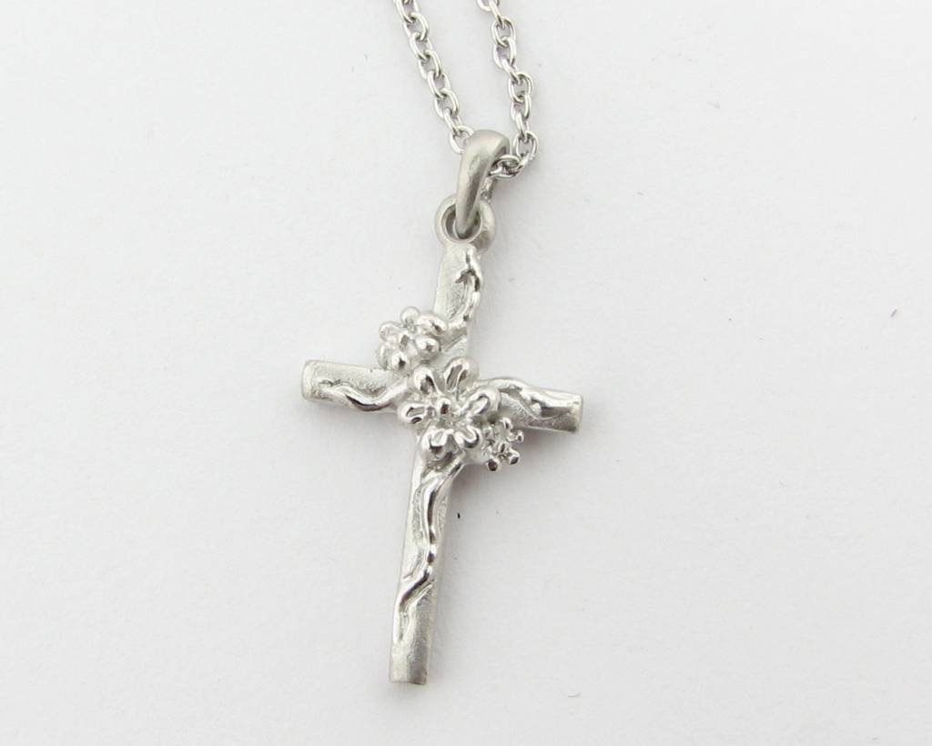 Sterling Silver Twig Cross with Vines and Flowers, high quality Sterling Silver Chain, Rustic Cross, Nature Cross, Woodland Cross,Womens Cross,Tree Cross