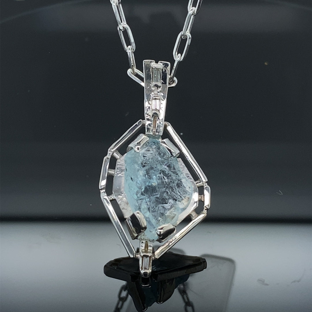 Clear Springs Raw Aquamarine - Diamond Pendant