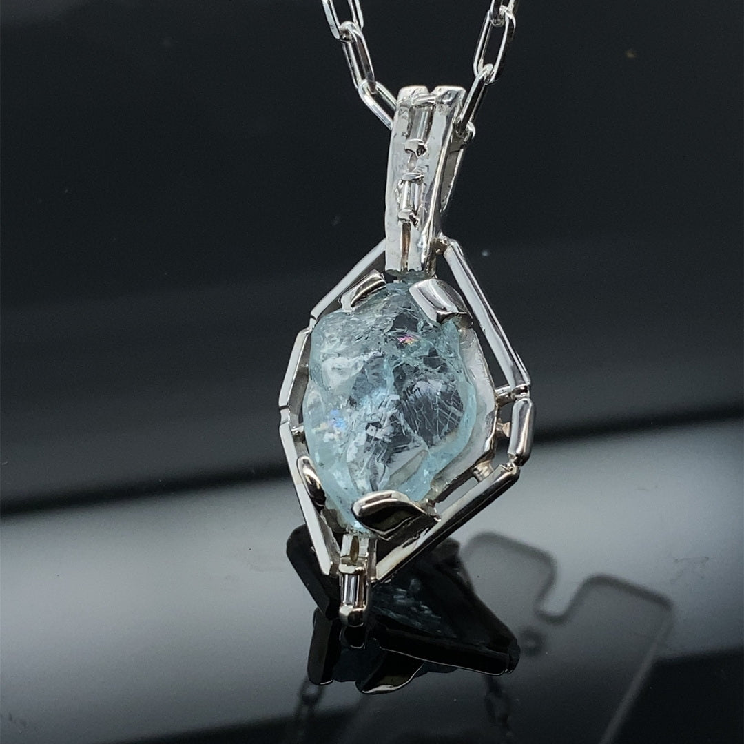 Clear Springs Raw Aquamarine - Diamond Pendant