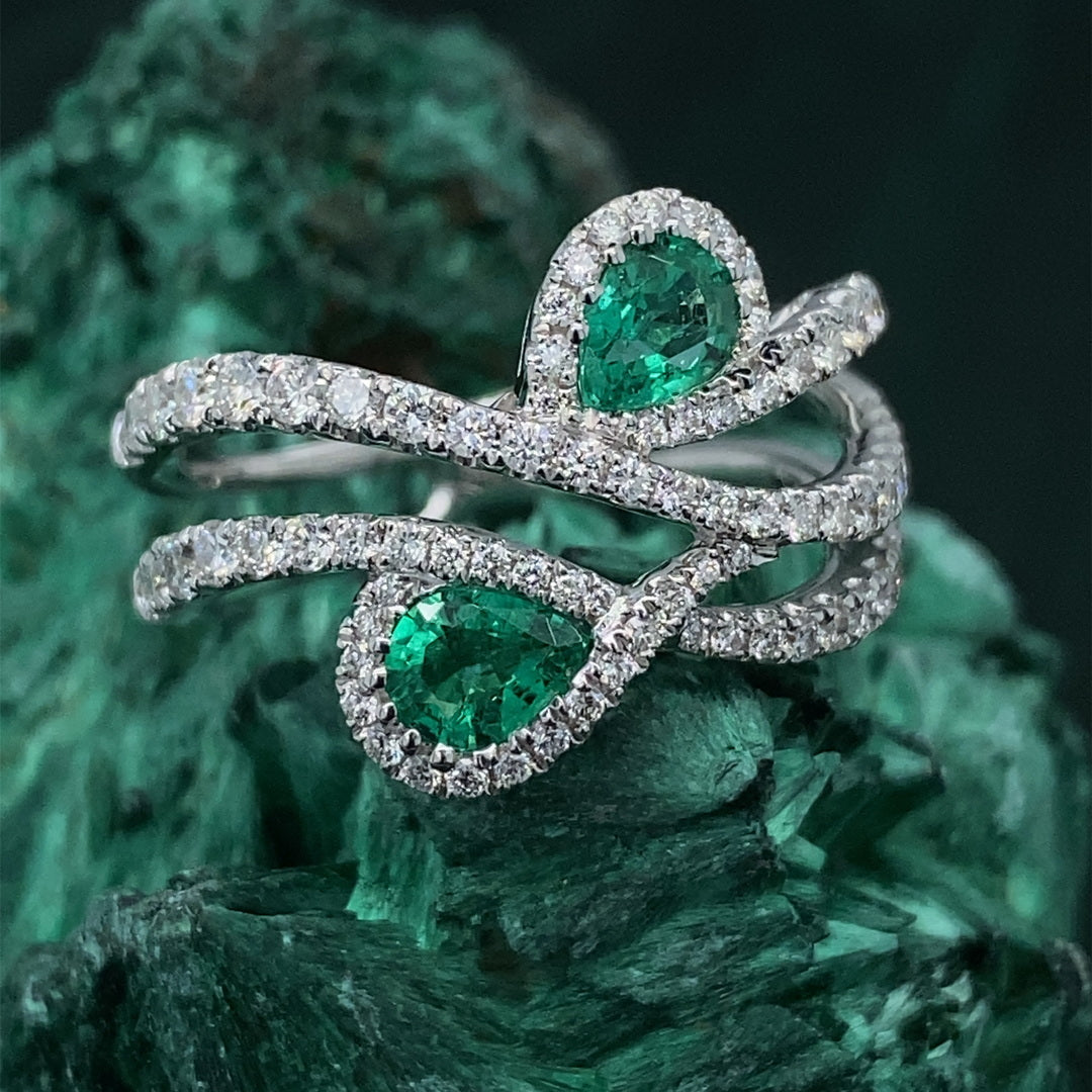 .48ct Emerald .72ctw Diamond 18kw Teardrops Ring