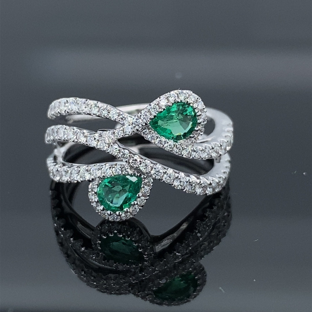 .48ct Emerald .72ctw Diamond 18kw Teardrops Ring