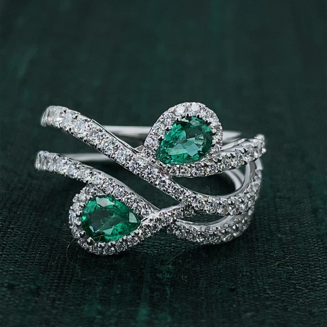 .48ct Emerald .72ctw Diamond 18kw Teardrops Ring