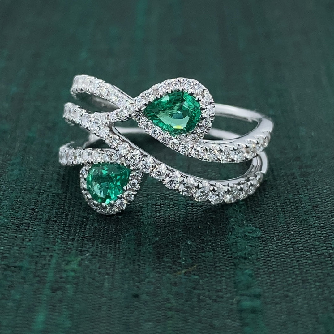 .48ct Emerald .72ctw Diamond 18kw Teardrops Ring