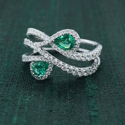 .48ct Emerald .72ctw Diamond 18kw Teardrops Ring