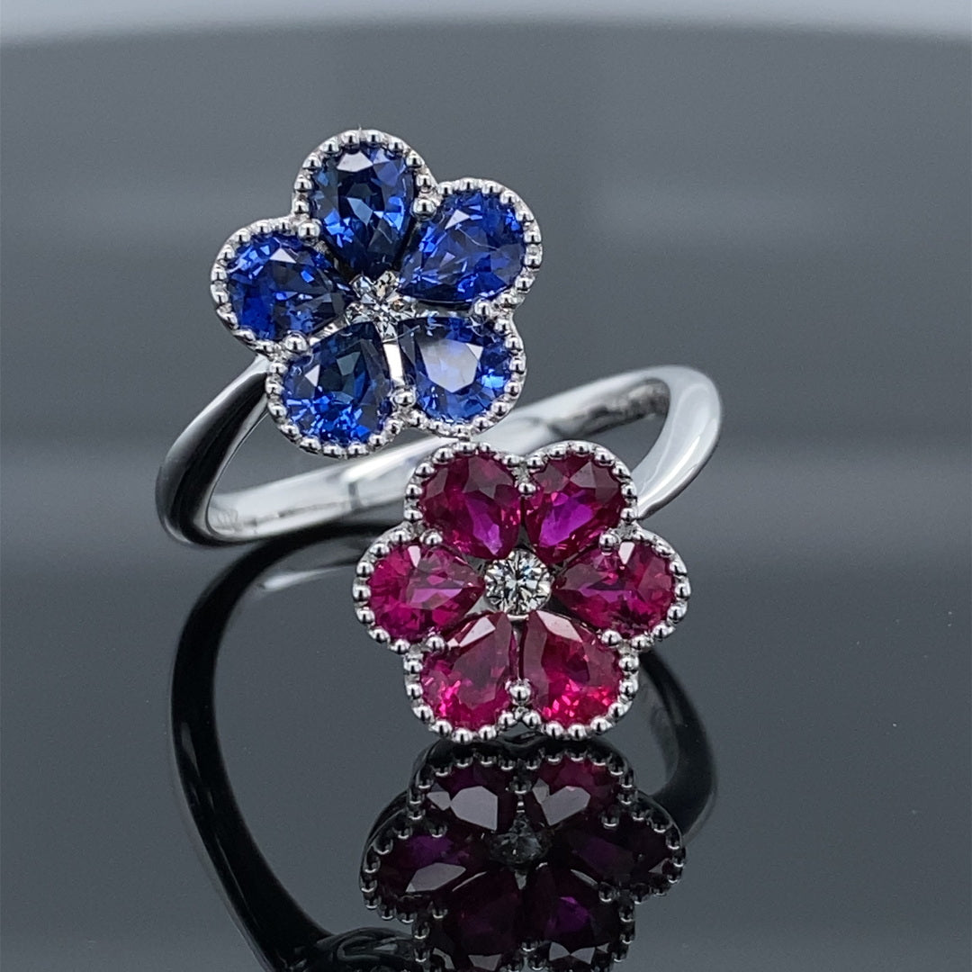 1.3CT Blue Sapphire & 1.24CT Ruby Precious .10CT DIA Petals Ring