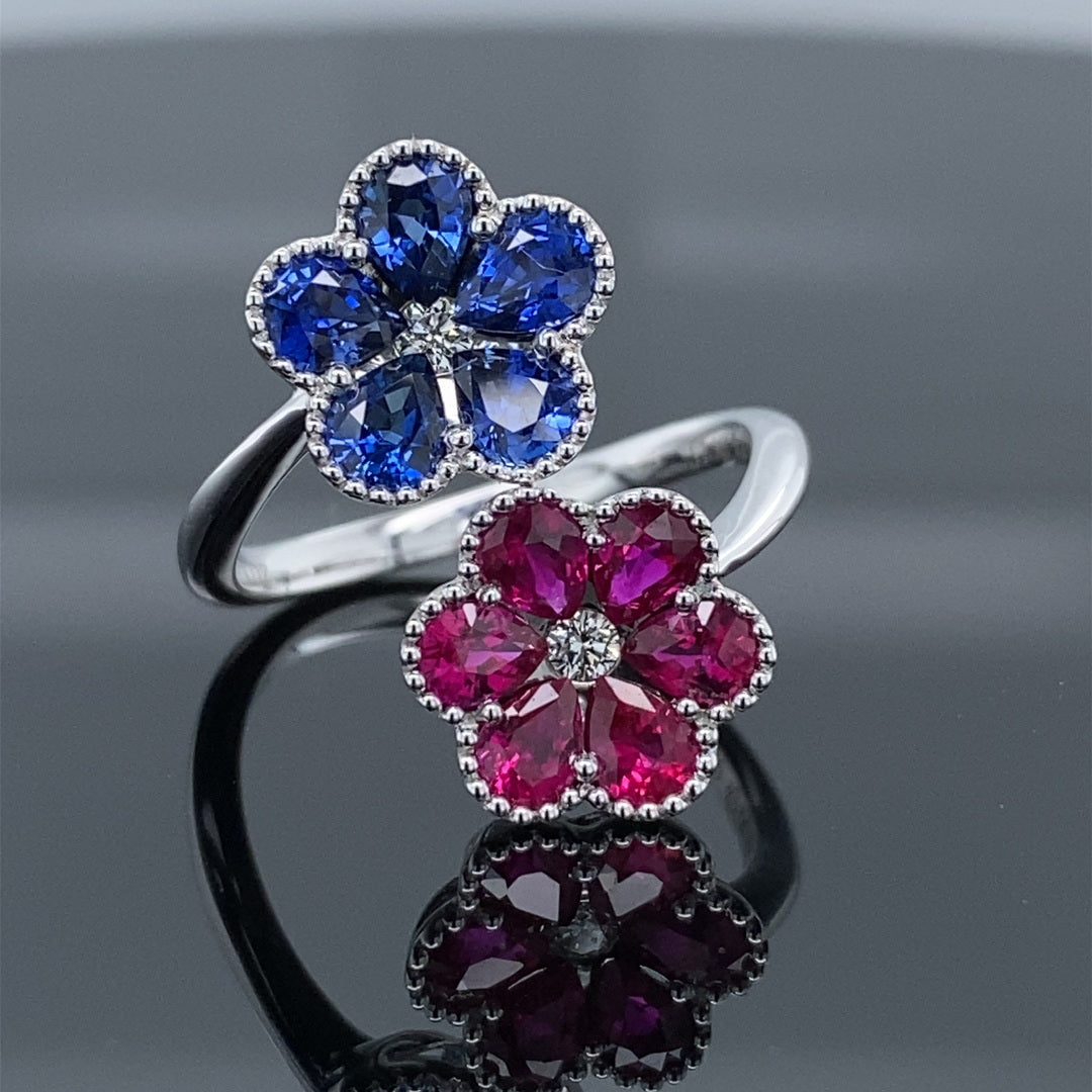 1.3CT Blue Sapphire & 1.24CT Ruby Precious .10CT DIA Petals Ring