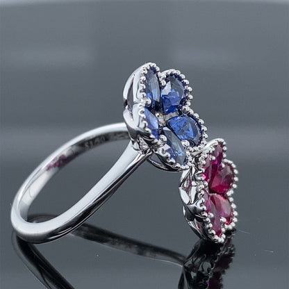 1.3CT Blue Sapphire &amp; 1.24CT Ruby Precious .10CT DIA Petals Ring