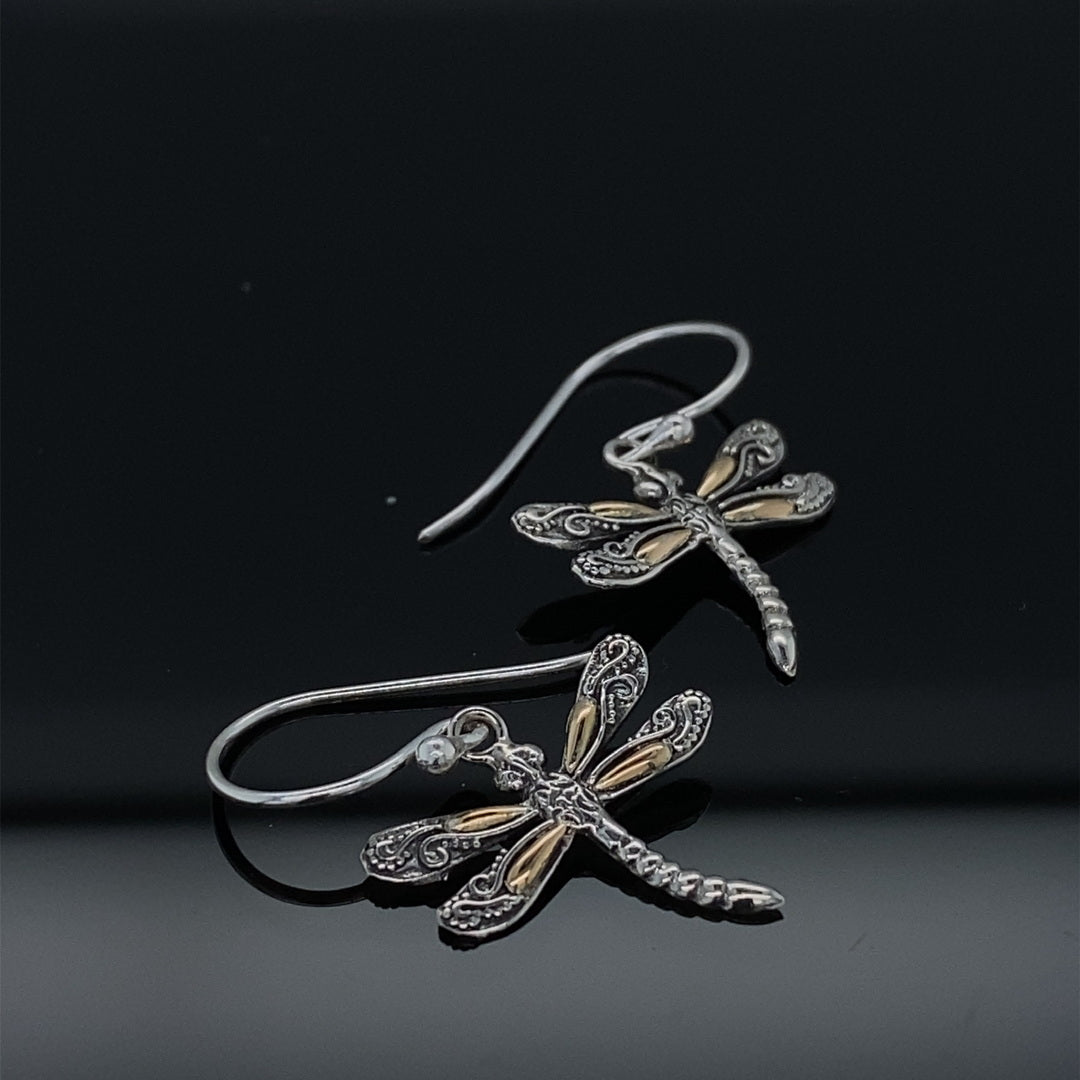 Wings Of Gold Dragonfly Silver Earrings