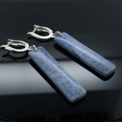 Long denim Blue aventurine dangle earrings in paddle shape with silver lever back tops