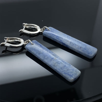 Blue aventurine long dangle earrings in paddle shape with silver lever back tops