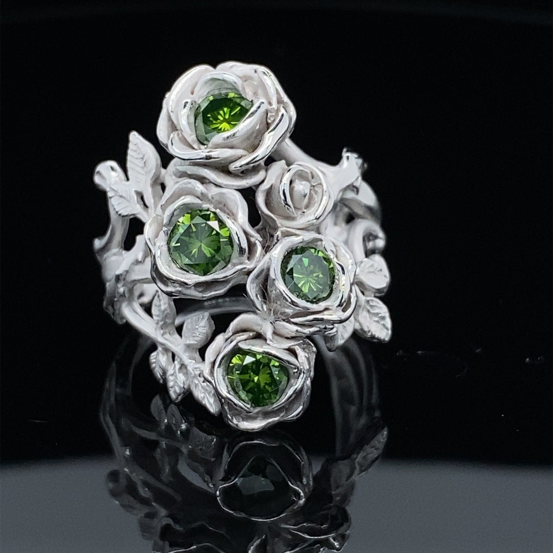 Rambling Rose Ring in Green Diamond