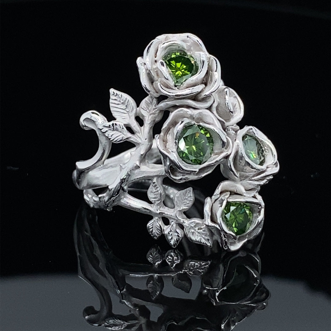 Rambling Rose Ring in Green Diamond