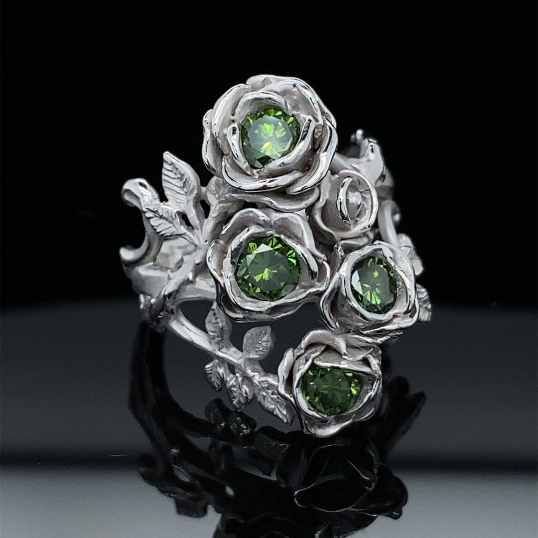 Rambling Rose Ring in Green Diamond