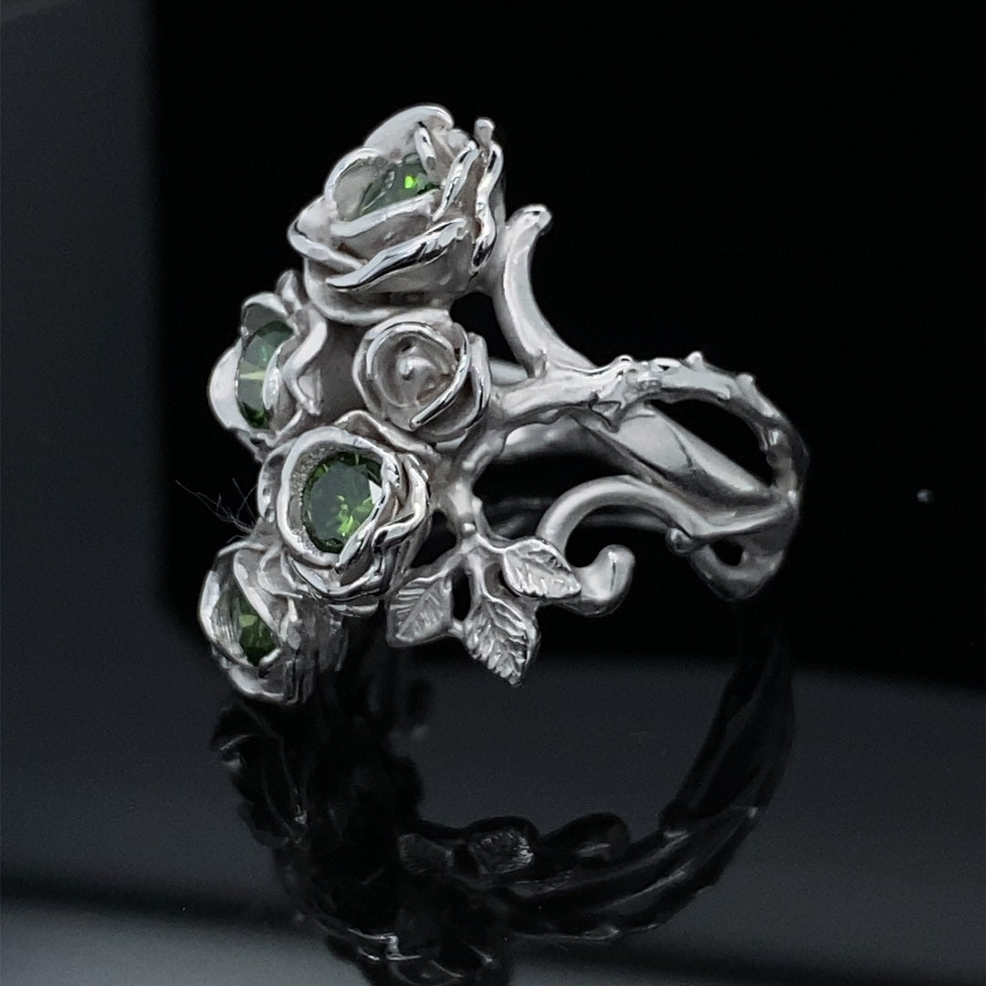 Rambling Rose Ring in Green Diamond