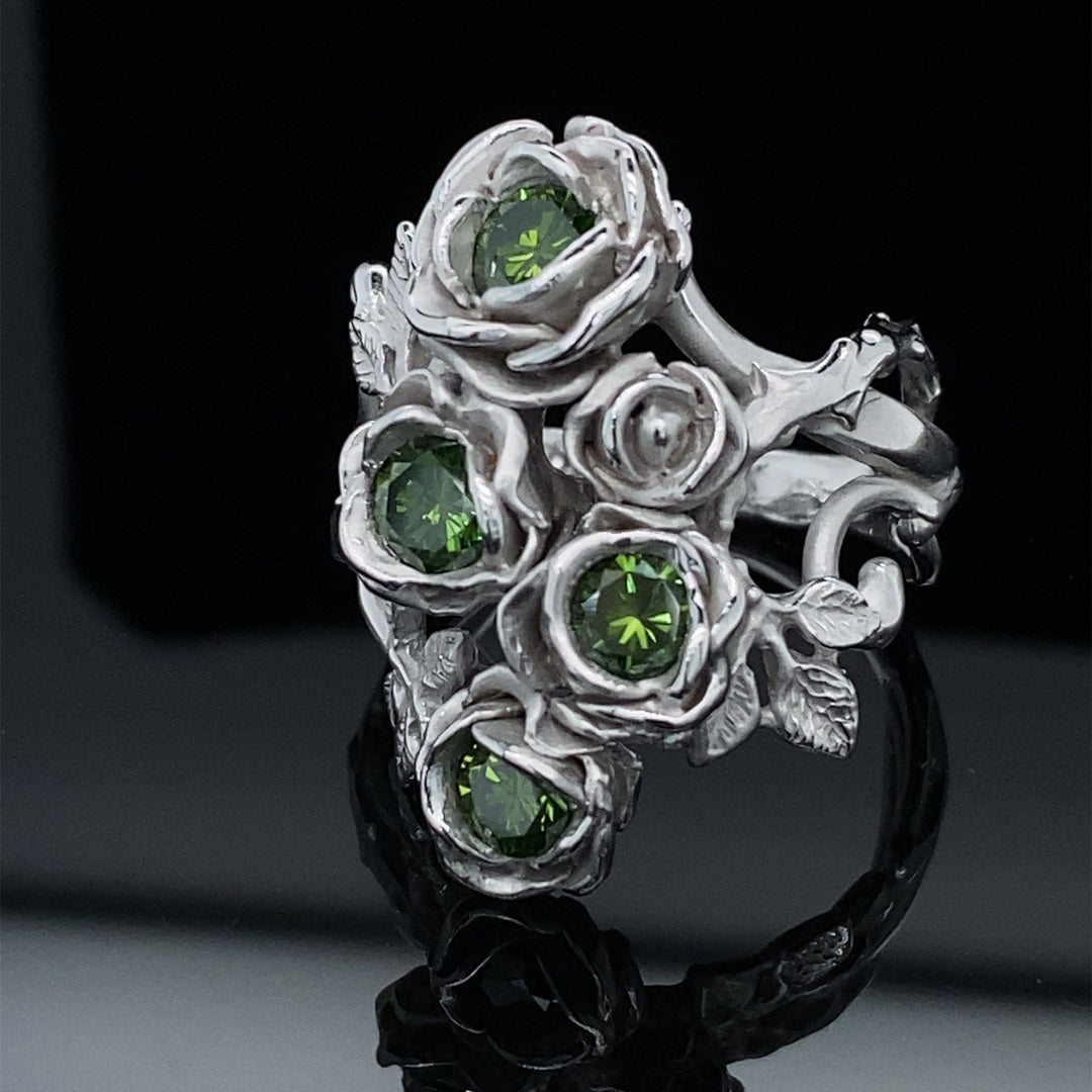 Rambling Rose Ring in Green Diamond