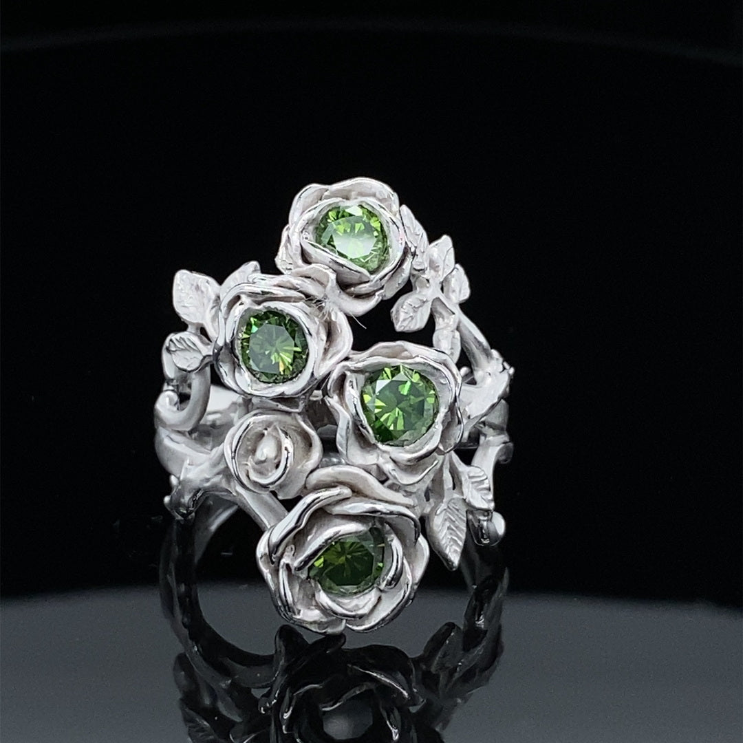 Rambling Rose Ring in Green Diamond