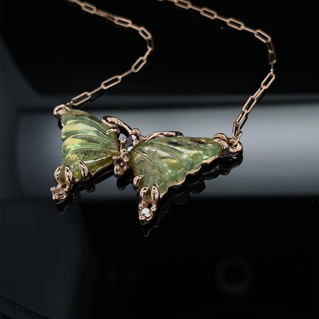 Summer Green Butterfly Necklace Tourmaline and Diamond 14KR