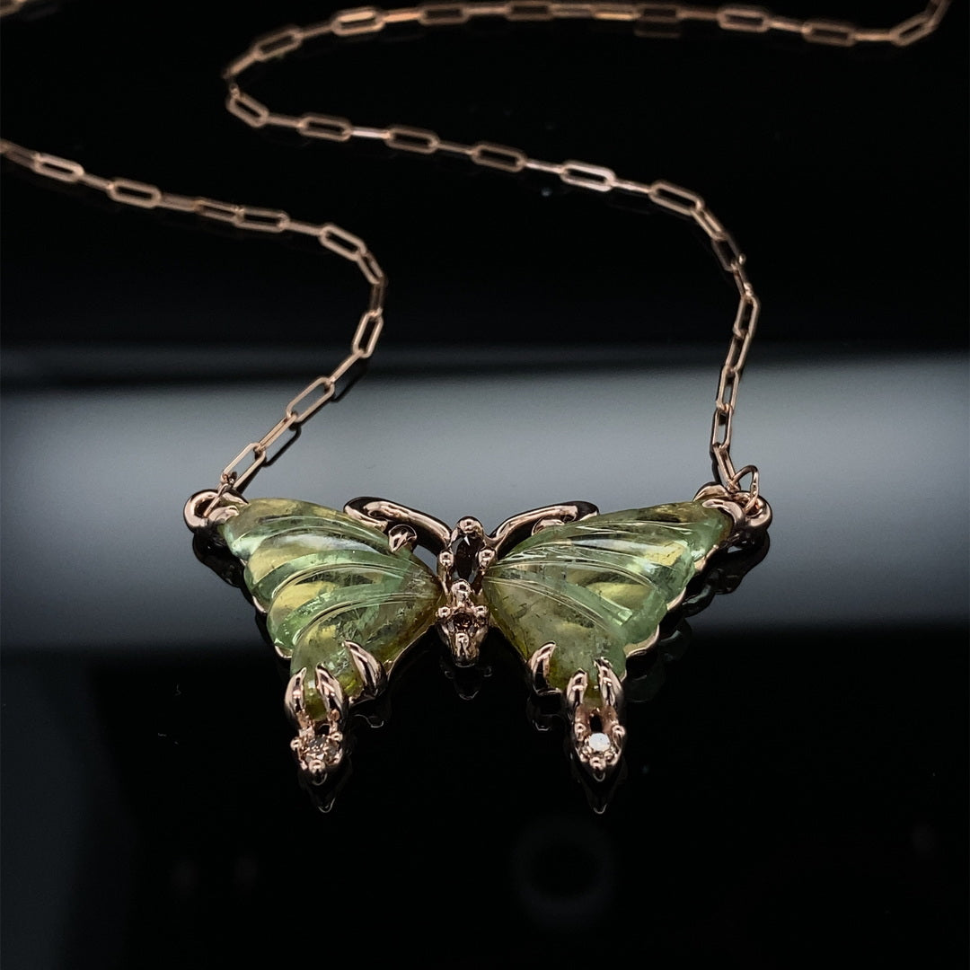 Summer Green Butterfly Necklace Tourmaline and Diamond 14KR