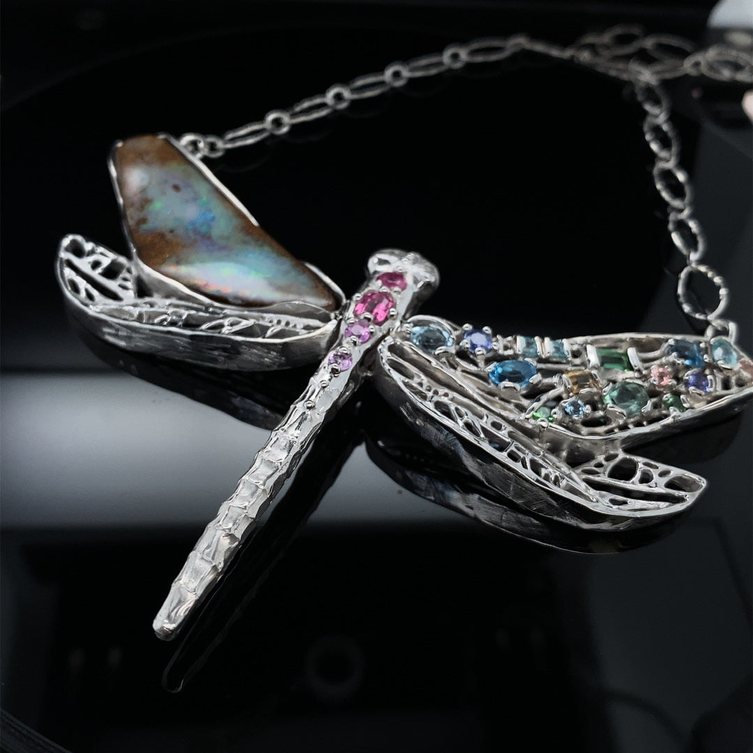 Gem and Opal Wings Dragonfly Necklace