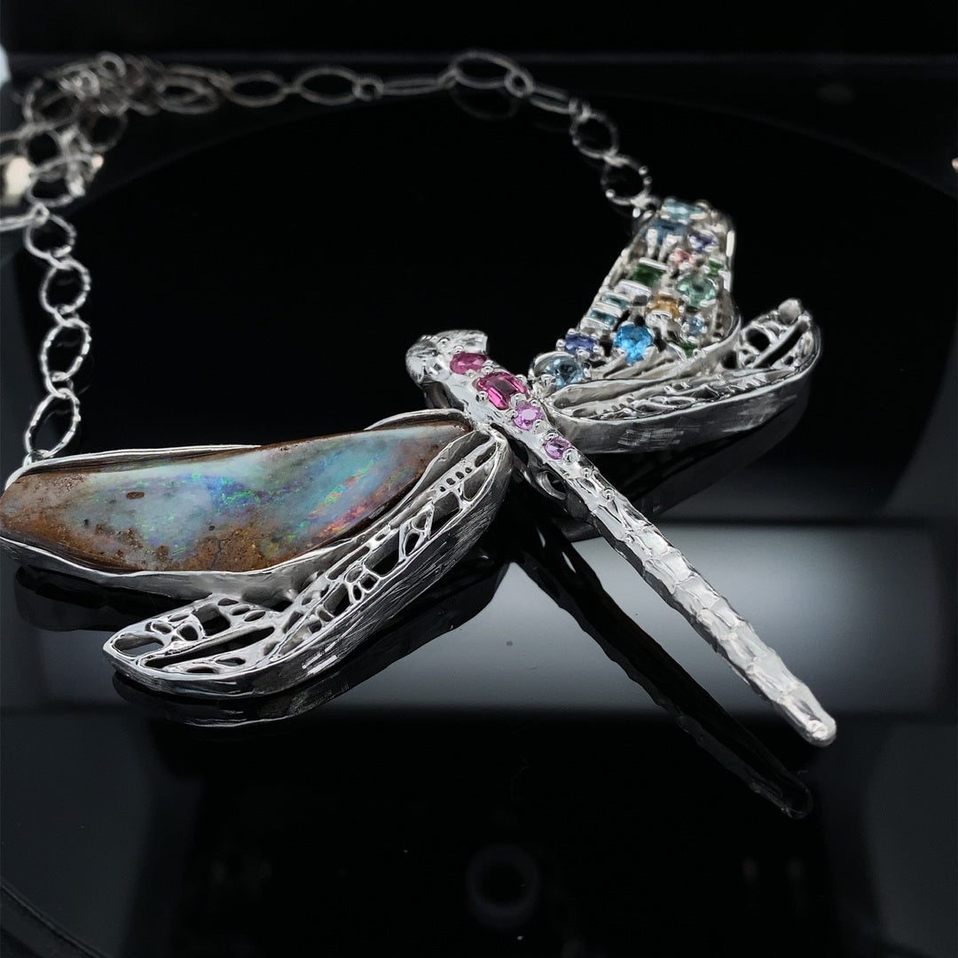 Gem and Opal Wings Dragonfly Necklace