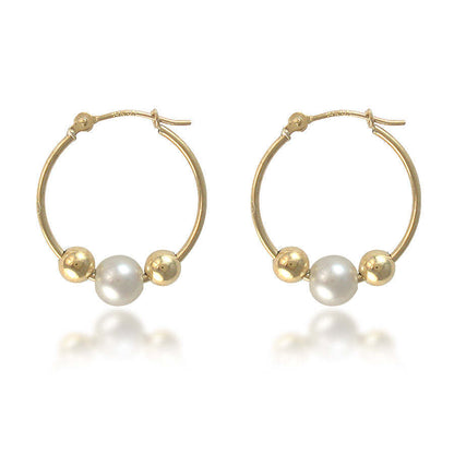 14K Yellow Gold Hoops with Gold Ball &amp; Pearl Beads