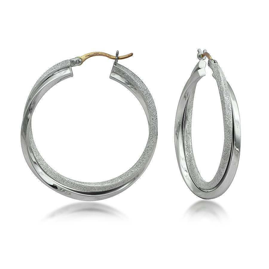 Sterling Silver &amp; 14K Sparkle &amp; Polished Intertwined Double Hoop Earrings - 35mm