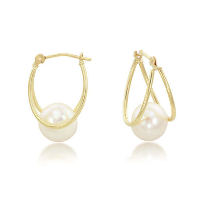 14K Yellow Gold Oval Captured Freshwater Pearl Hoop Earrings