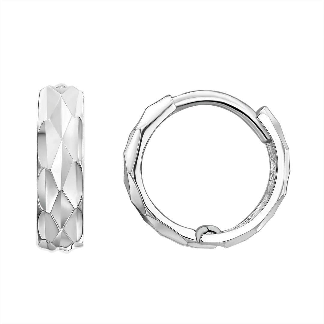 14K White Gold Faceted Huggie Hoop Earrings