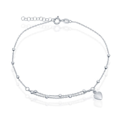 Beaded Chain Heart Charm Sterling Silver Anklet