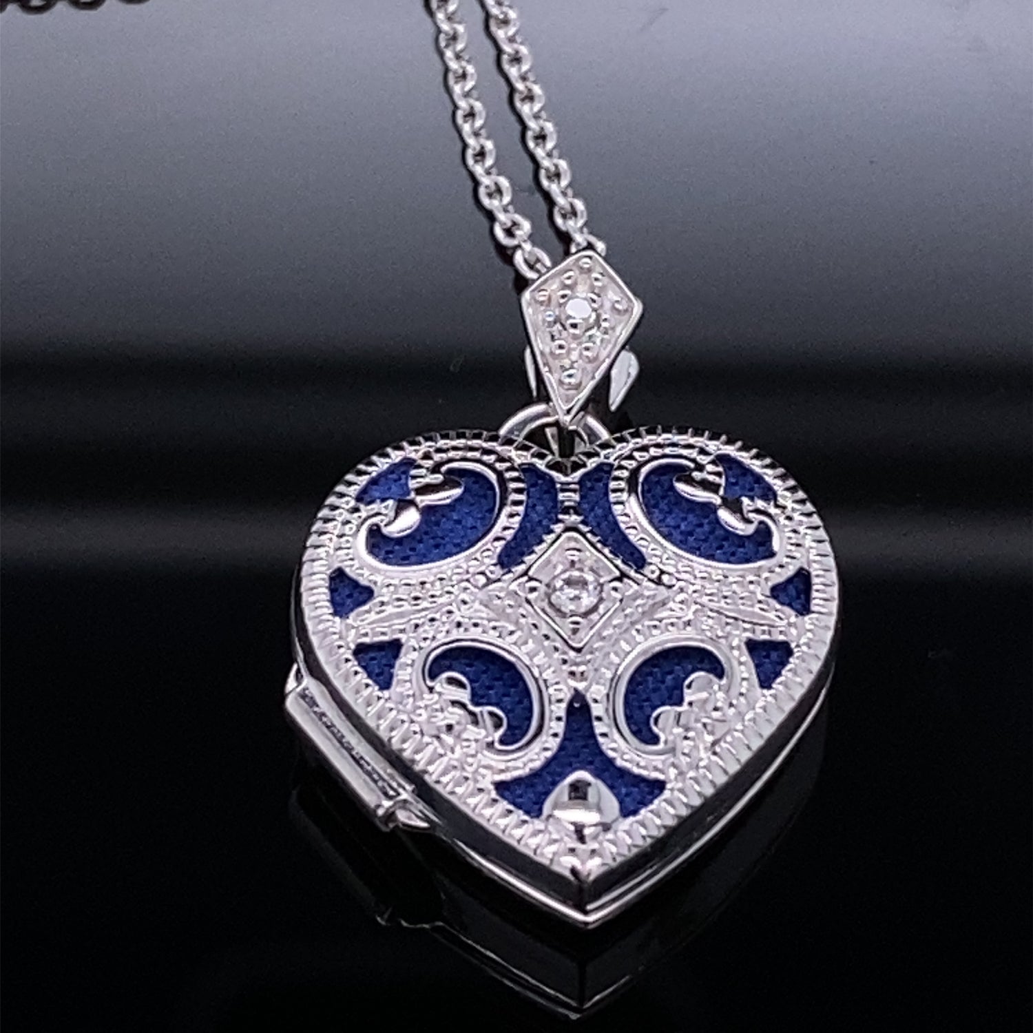 White gold blue enamel locket w/chain